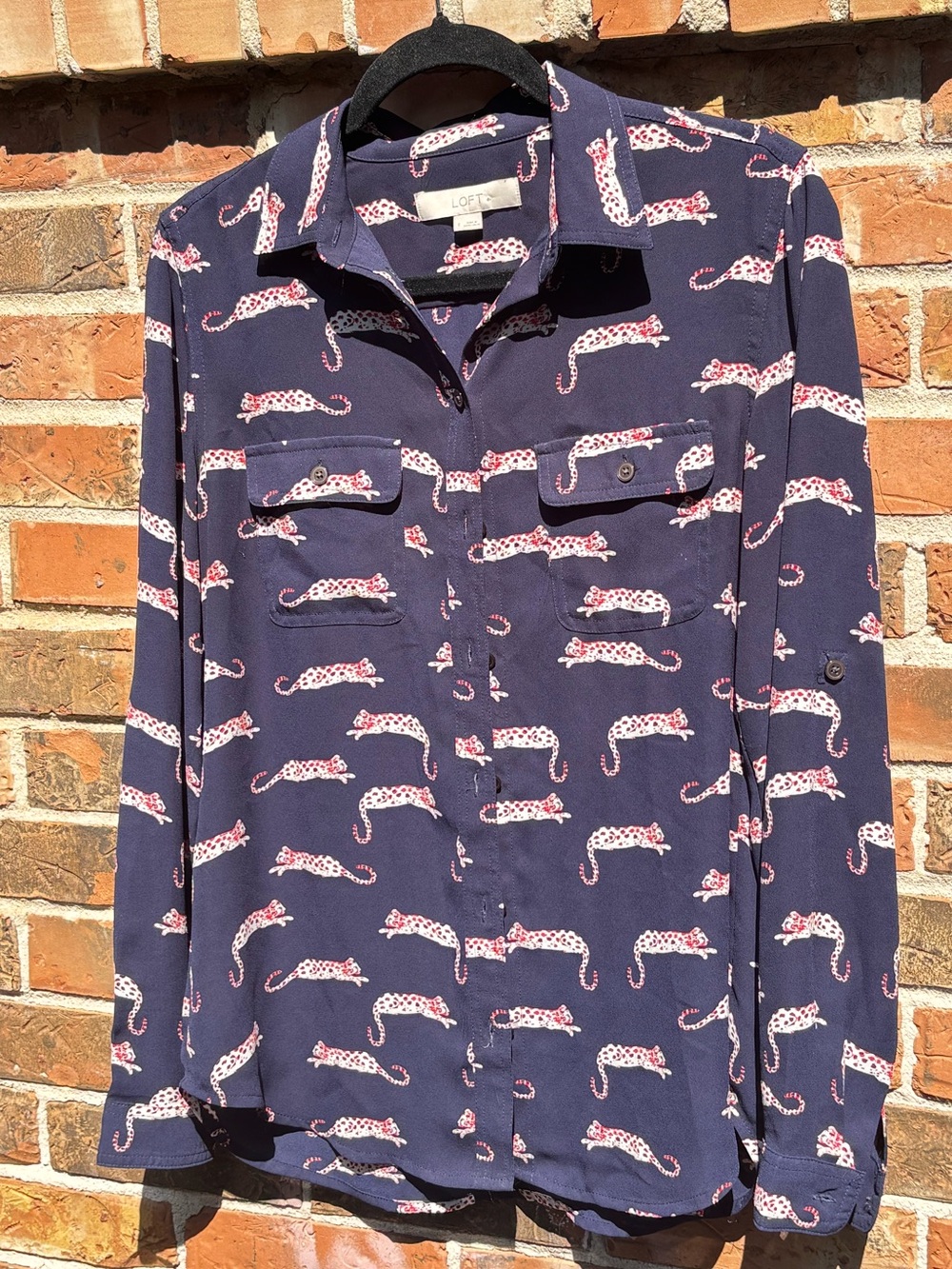 Loft Navy Leopard Print Shirt Button Up Roll Tab Sleeves Woman’s Size Small